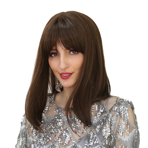 

16'' elegant women human hair brown long straight dating wig with neat bangs, Black