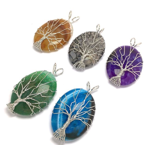 

wholesale 5 pcs silver plated wire wrap tree of life oval shape many colors agate pendant ethnic style jewelry