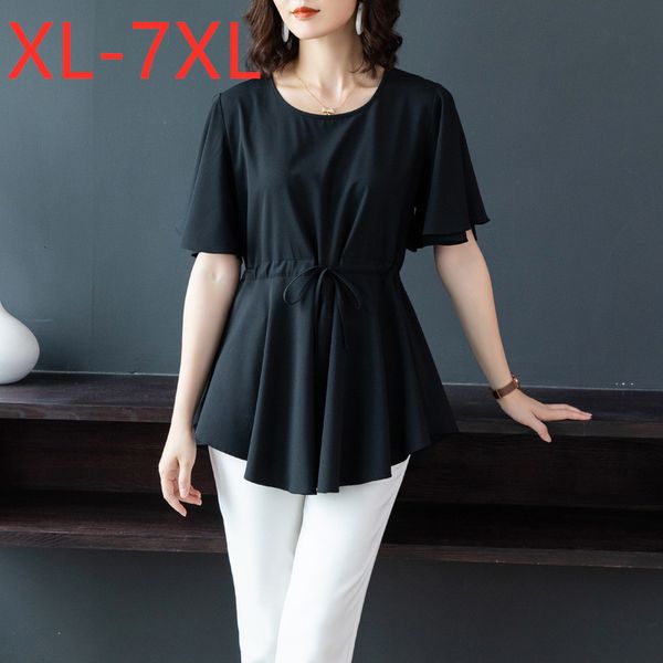 

new summer ladies plus size for women large blouse short sleeve loose casual black chiffon belt shirt 3xl 4xl 5xl 6xl 7xl, White