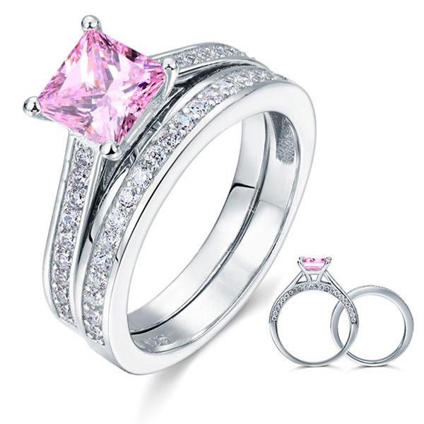 

exquisite women wedding rings 1.5 ct princess cut 2-pcs fancy pink created diamond 925 sterling silver wedding engagement ring set, Slivery;golden