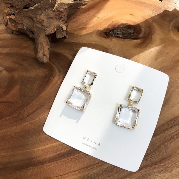 

2020 korean new luxury transparent glass crystal party earrings design fashion jewelry double square earrings for women gift, Silver