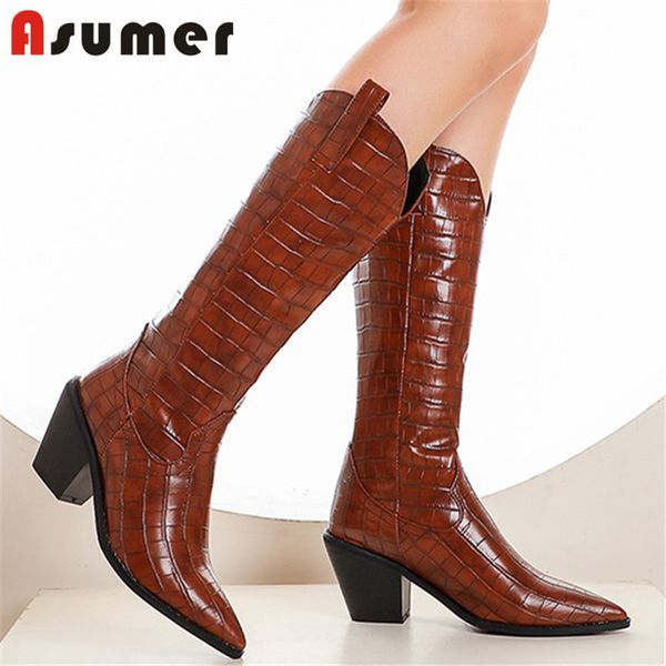 

asumer 2020 big size 43 knee high boots women high heel shoes pointed toe cool fashion cowboy western boots woman, Black