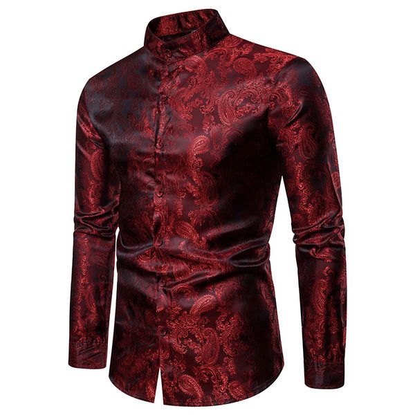 

fake silk paisley tuxedo shirts autumn streetwear long sleeve mens shirts stand collar office shirt men big and tall size xxl, White;black