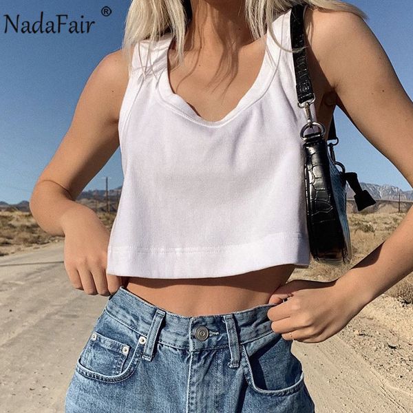 

nadafair o neck white crop women 2020 summer i-back fitness loose ribbed casual basic tank woman