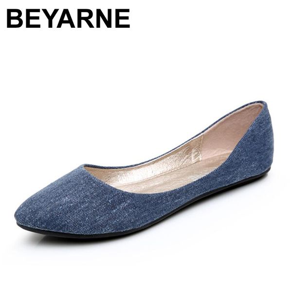 

beyarne new women soft denim flats blue fashion basic pointy toe ballerina ballet flat slip on office shoes, Black