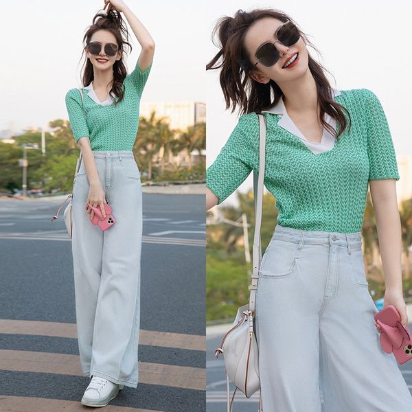 

qi wei same polo shirt short sleeve women's 2020 summer new green ice silk thin polo sweater sweater, White