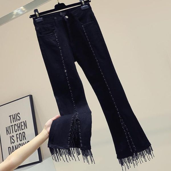 

women's jeans heavy industry rhinestone beaded tassel high waist women spring autumn fashion stretch slim split flare, Blue