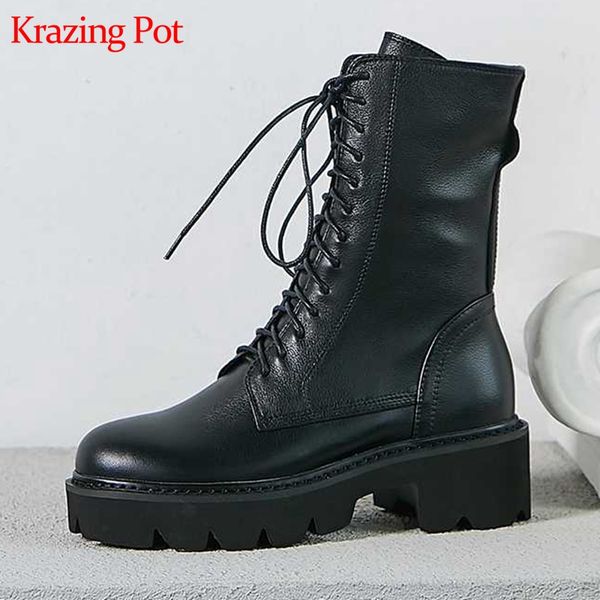 

krazing pot 2020 full grain leather round toe cross-tied med heels lace up big size handsome girl keep warm mid-calf boots l33, Black