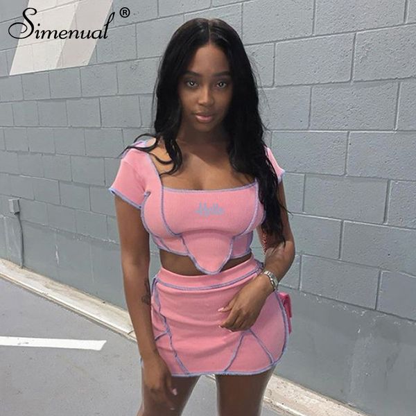 

simenual casual letter embroidery matching set women short sleeve patchwork 2 piece outfits workout slim crop and skirt sets, White