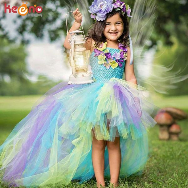 

princess long tail fairy girls tutu dress water fairy flower kids party dress for pageant birthday dancing baby peacock, Red;yellow