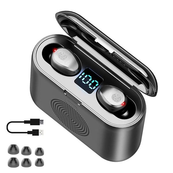 F9 TWS Mini Bluetooth LED Intelligente 5.0 Digitalanzeige 3 In 1 Touch Sport Stereo Wireless Headset Surround Sound Lautsprecher in Einzelhandelsverpackung