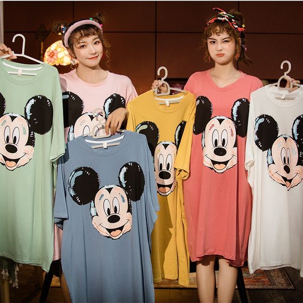 

nmmhy pure cotton nightgown women's korean mercerized cool cotton clothes cute thin short-sleeved loose home clothes home pajamas pregn, Blue;red