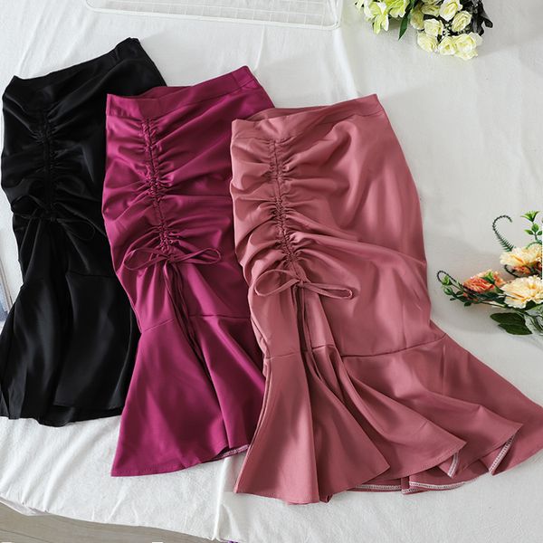 

korean summer new simple casual solid drawstring lace-up high waist hip fishtail skirts women fashion streetwear 2020, Black