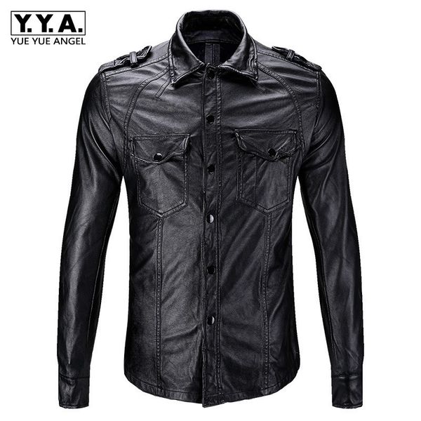 

new slim fit men motorcycle biker leather shirts coats male black fashion pockets pu shirts autumn casual men clothes, White;black