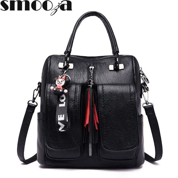 

smooza women leather anti-theft backpacks new soid color shoulder crossbody bags handbags fashion school bags for girls, Black;red