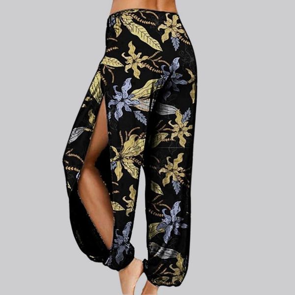 

laamei bohemian women pants casual high waist harem trousers baggy loose boho floral flowers print side slit loose pant femme, Black;white