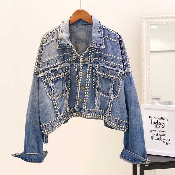

women's jackets 2021 spring plus size hand-set diamonds casual denim jacket female vintage loose women jeans basic coat streetwear, Black;brown