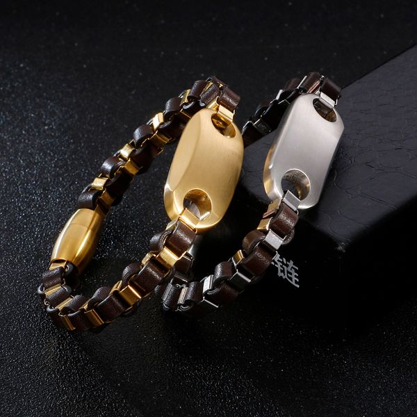 

fashion men gold chain bracelet bangles cool silver color stainless steel square tag box chain bracelets bangle jewelry, Black