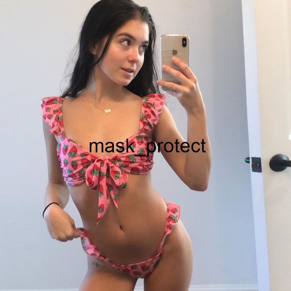 

2020 women's new strawberry printing slim lace short sling bikini thong pants set, White;black