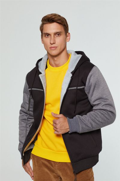 

мужские colorblock zipper hooded plus velvet толстый с длинным рукавом теплый кардиган толстовка мужской casual coat, Black
