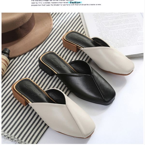 

slippers mules chaussures femme big size 43 heels pantuflas women closed toe sandals elegant korean slides shoes woman flipflops, Black