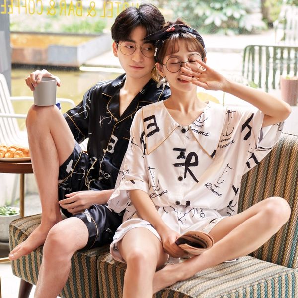 

couple's ice simulation pajamas women's thin silk pajamas men's imitation silk casual cute home clothes two-piece set, Blue;red
