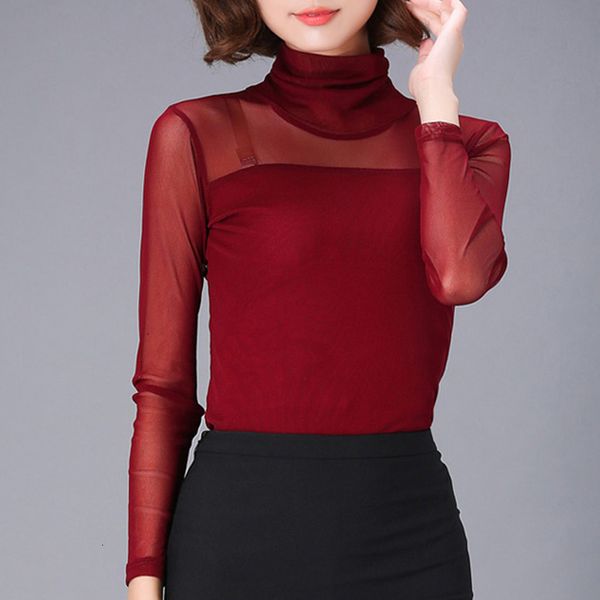 

black lace blouse women turtleneck shirt solid elastic ladies womens casual blouses solid blusas femininas 2020 plus size, White