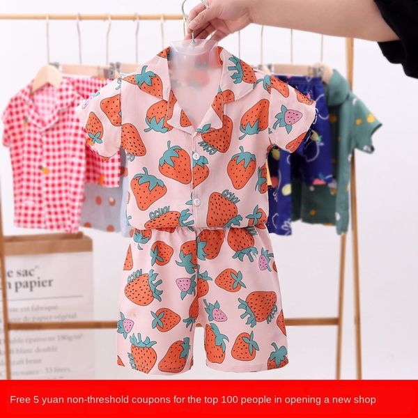 

svflu summer children's cotton silk suit boy girl baby thin home air conditioning pajamas short-sleeved cotton silk pajamas home clothe, Blue;red
