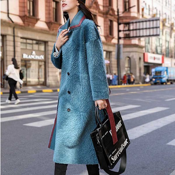 

fashion new winter women thicken warm double-breasted female pockets adjustable waist v-neck faux fur coat cy621, Black