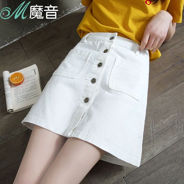 

denim women mini skirt summer vintage high waist korean single button pockets blue jeans a-line ladies jupe femme, Black
