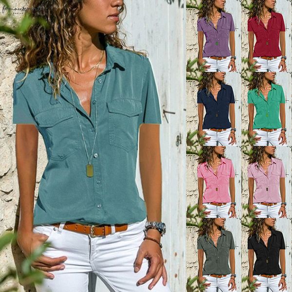 

women blouses 2020 fashion casual solid color short sleeve casual turn down collar pockets buttons shirt female new, White