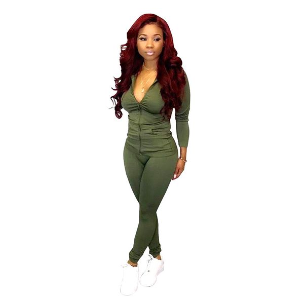 

2020 new fashion 2 piece set women long sleeve zipper hat suit slim pencil pants solid color leisure sports women pants set, White