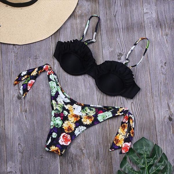 

padded push up bikini set flower ruffles swimsuit for women solid bandeau female bathing suit summer biquini 27, White;black