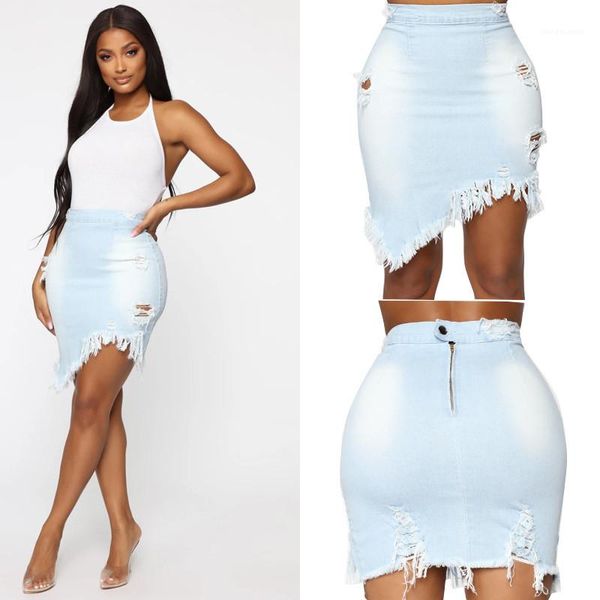 

slim ladies clothes tassel skrits for woman summer womens fashion denim skirts solid color hole, Black