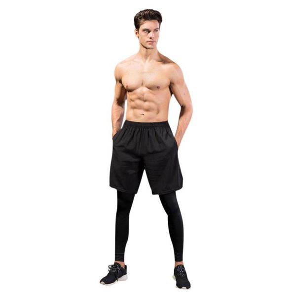 

men fitness running pants jogging sport leggings with shorts compression pants exercise quick-drying trousers 2020, Black;blue