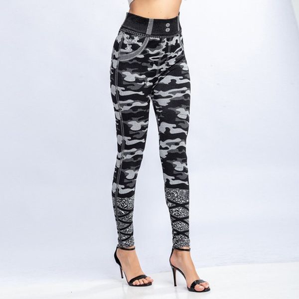 

women leggings camouflage print polyester leggings with mock pocket faux denim jeans slim fitness elastic seamless leggings, Black