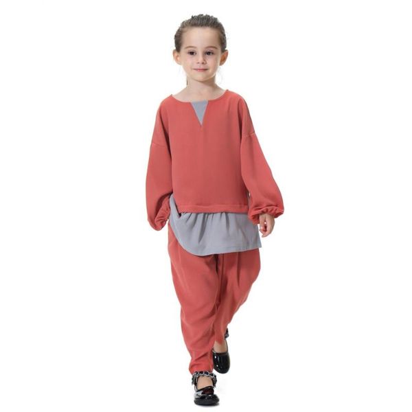 

cute muslim children 2pcs sets kids long sleeve ruffles and pants suits islamic sports tracksuits arab gowns jubah ramadan, Red