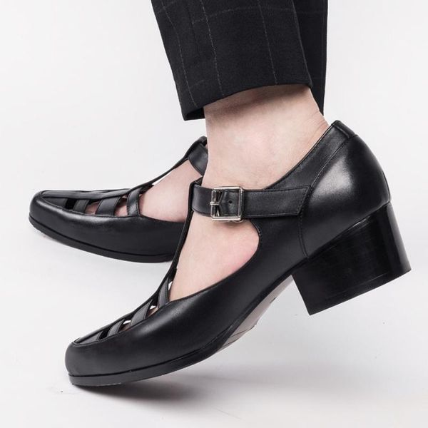 

summer pointed-toe sandals 3-5cm increased height classic sandals men dress shoes cow leather hollow breathable, Black