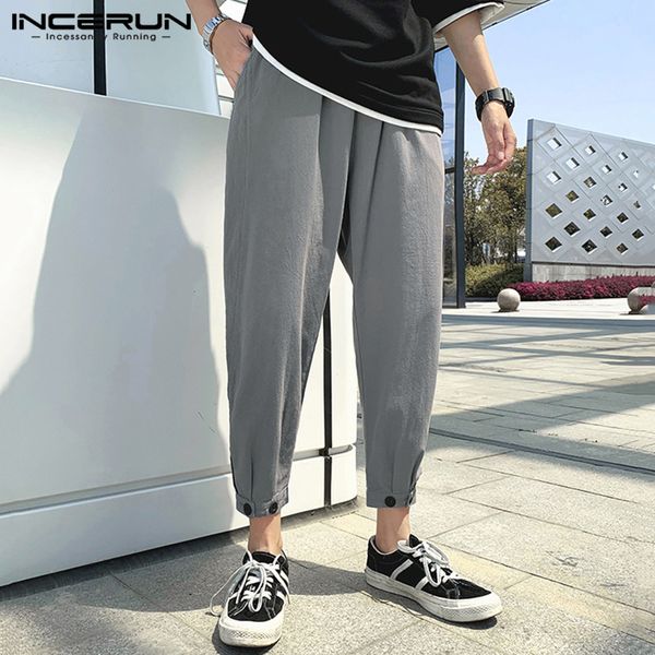 

incerun men vintage pants ankle length trousers fashion drawstring harem pants solid cotton joggers leisure pantalones plus size, Black