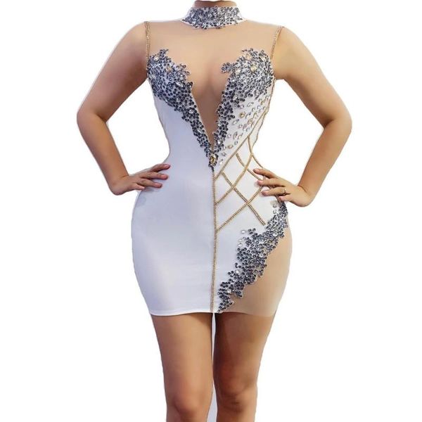 

shining silver rhinestones white dress women's birthday prom celebrate long sleeves dress evening dance stretch costume, Black;red