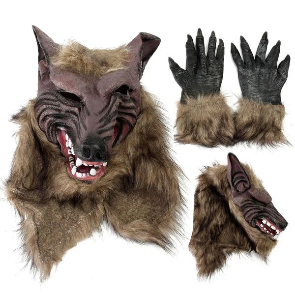 1/2PCS Latex Gummi Wolf Kopf Haar Maske Werwolf Handschuhe Party Scary Halloween Cosplay