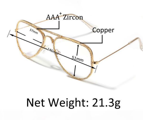 

u new diamond inlaid metal frame mirror fashion personality hip hop gold decorative glasses full frame, Silver