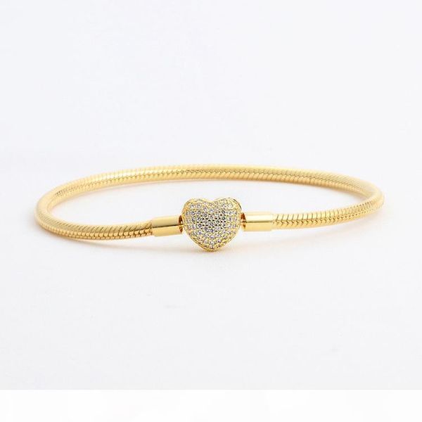 

s wholesale -love cz diamond bracelet for pandora 925 sterling silver plated 18k gold heart shaped snake bone chain women 's brac, Golden;silver