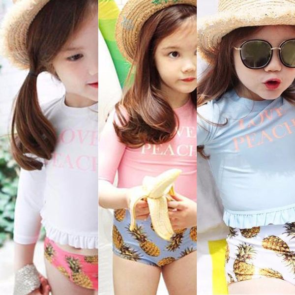 

новые корейский стиль детские сплита высокой талии брюки для девочек длинного рукава ананас купальника солнца доказательства ананаса письма, White;black