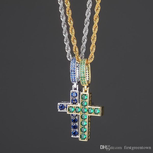 

two color blue green zircon cross pendant jesus personality retro necklace ornament, Silver