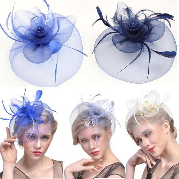 

fashion elegant bride feather fascinator hairpins for wedding party hair clip french mesh veil hair hoop ornaments, Golden;silver