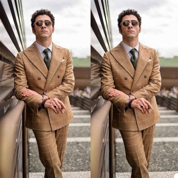 

2-piece khaki handsome men suits groom wedding custom made fit slim plaid double-breasted cotton party formal business suit for man, Black;gray