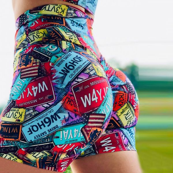 

htzyhstore summer explosion models explosion models abstract color printing hip stretch yoga shorts, White;red