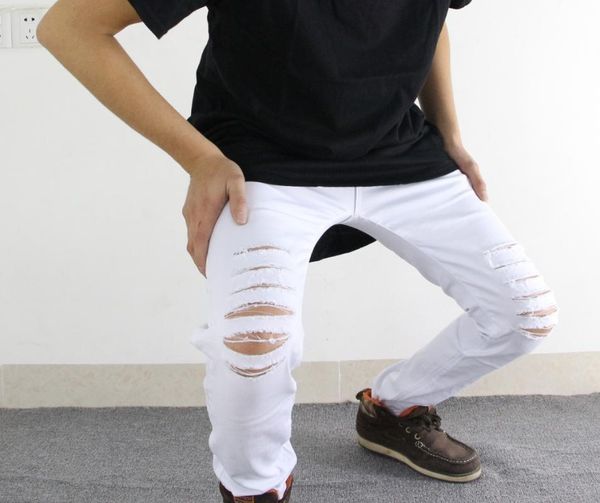 

casual ripped red white men's jeans skinny new brand jeans denim destroyed stretch male pants slim men's trousers, Blue