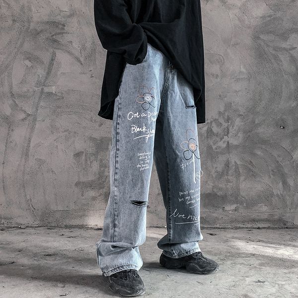 

uncledonjm цветов граффити printed рваные джинсы мужчины ins популярная марка wash байкерские джинсы hiphop для мужчин уничтоженных sl-s2002, Blue